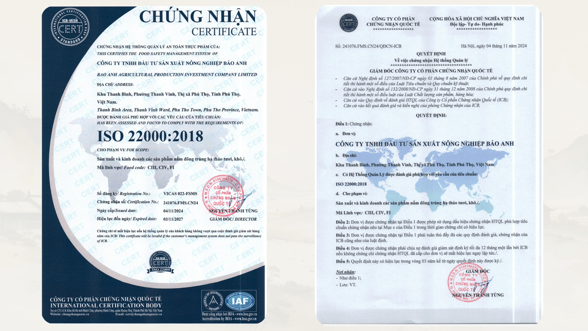 Hệ thống quản lý an toàn thực phẩm theo tiêu chuẩn ISO 22000:2018 – số hiệu 241076.FMS.CN24