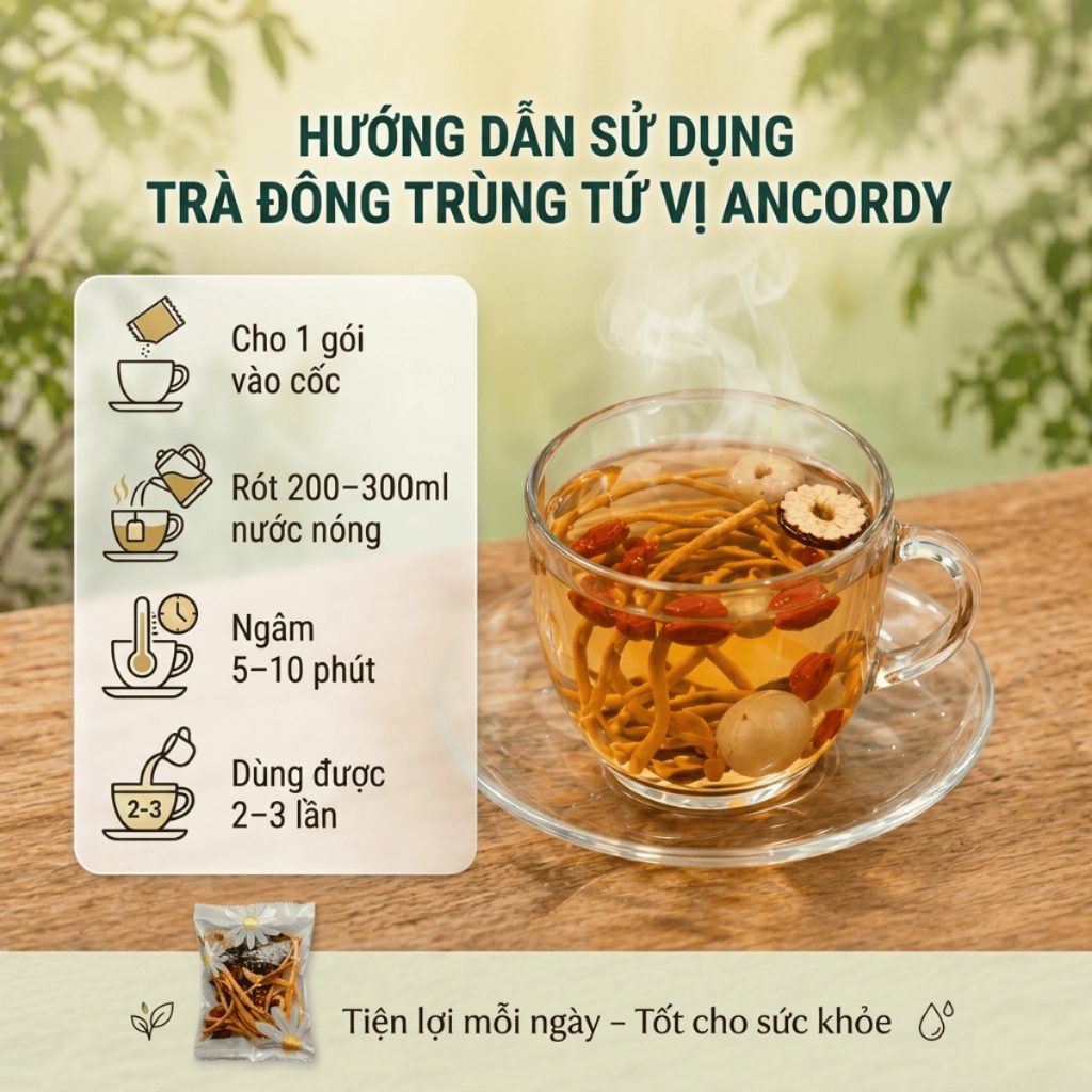 Trà Đông Trùng Tứ Vị, Đông Trùng Hạ Thảo Kết Hợp Táo Đỏ Kỷ Tử Long Nhãn, Gói Trà Thảo Mộc Ancordy